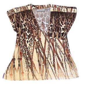George Simonton szL brown print top buttons & bling at shoulder wrap front EUC